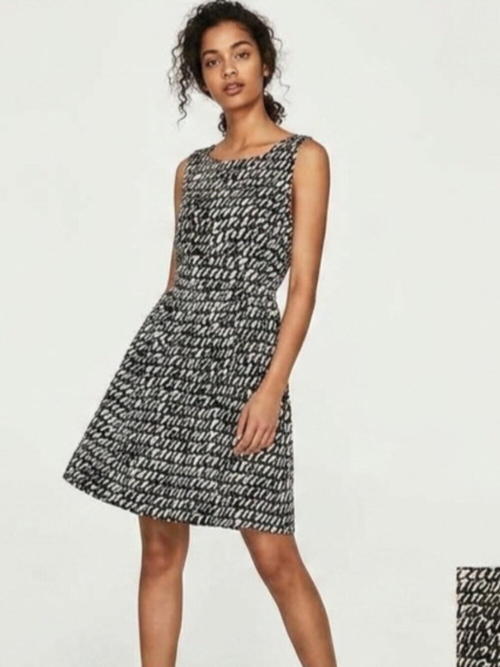 Zara Basics Black White Print Scoop Neck Sleeveless Elastic Waist Side Z…